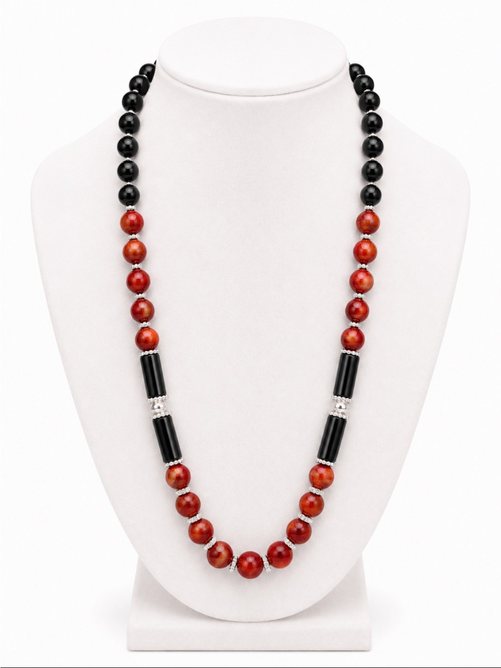Black & Burnt Orange Beaded Long Necklace with Silver-Tone Accents